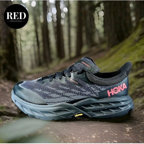 Hoka Speedgoat 5 Spike GORE-TEX Trail Running Shoes Black Pink Vibram - Sz 8.5 - Picture 9 of 14